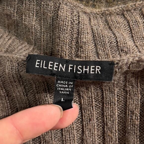 Eileen Fisher L Womens Brown Open Cardigan Sweater Wool Mohair Trim *flaw - Picture 3 of 10